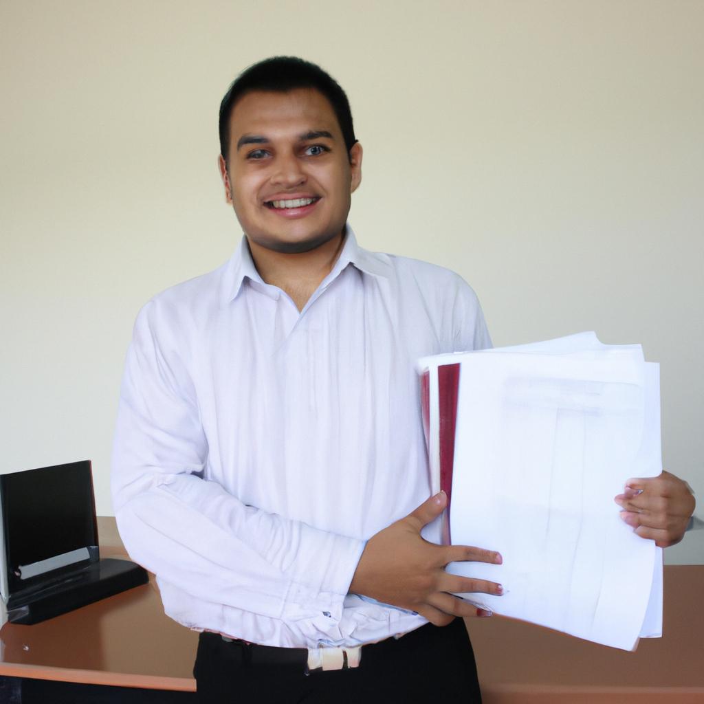 Person holding financial documents, smiling